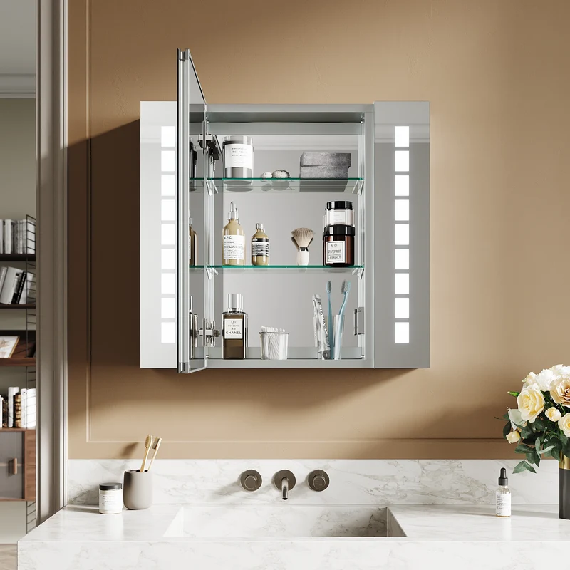 SIRHONA Armoire miroir 60 × 65 cm avec éclairage et prise de courant anti-buée LED avec écran tactile en aluminium