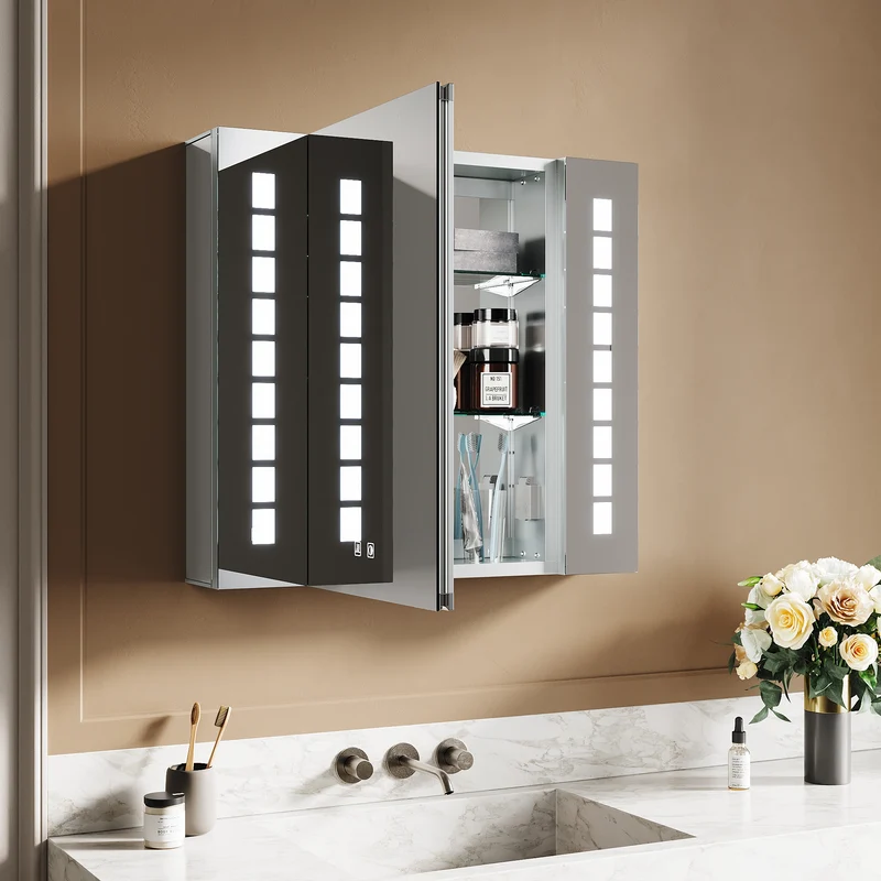 SIRHONA Armoire miroir 60 × 65 cm avec éclairage et prise de courant anti-buée LED avec écran tactile en aluminium