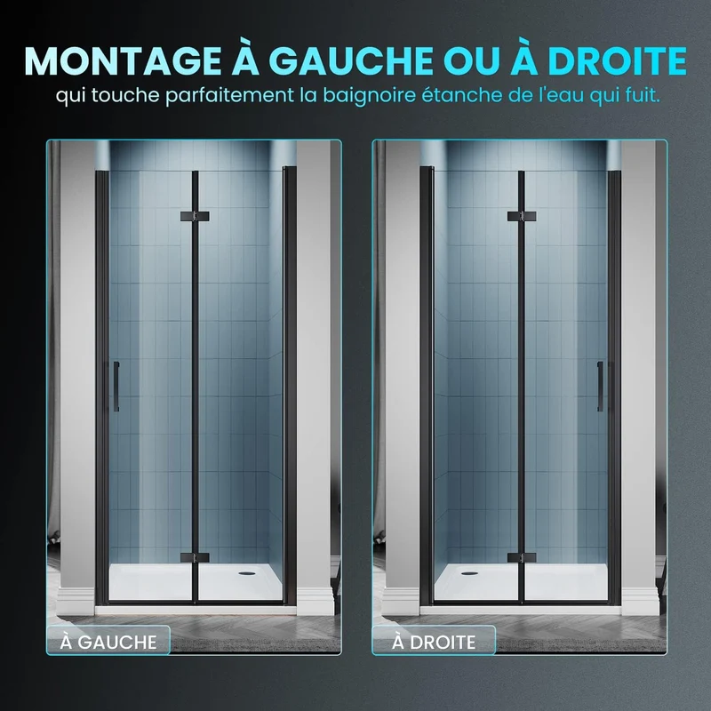 SIRHONA Porte de douche plié en Verre Transparent 6mm Securit 76/80/90x195cm Noir