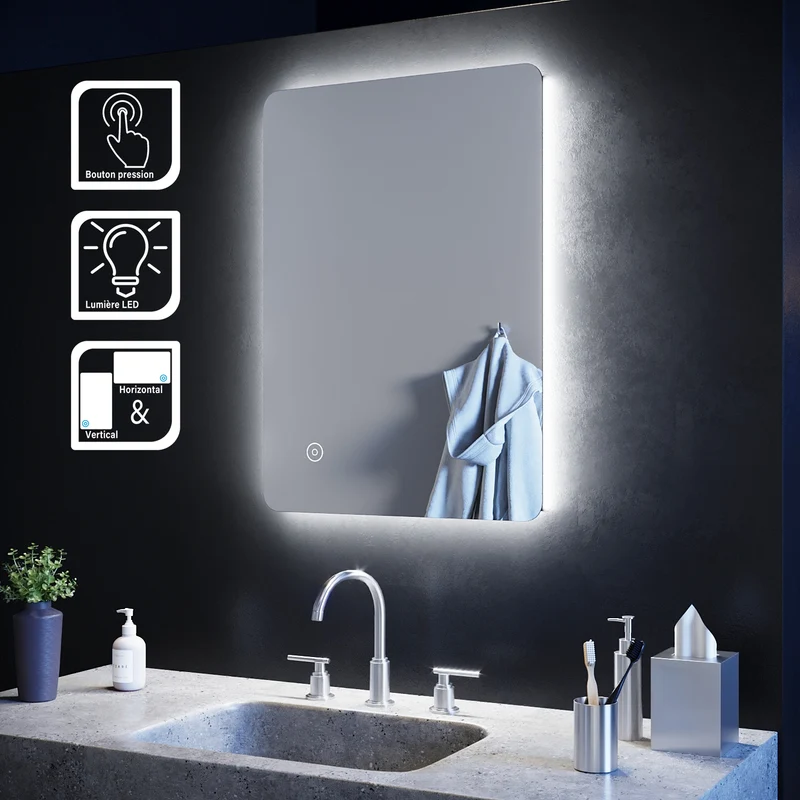 SIRHONA Miroir led Miroir de salle de bains avec éclairage LED Miroir Cosmétiques Mural Lumière Illumination avec Commande par Effleurement 70x50 CM