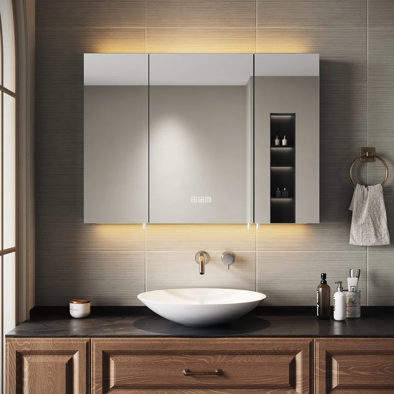 SIRHONA Armoire de Toilette Miroir, Armoire Murale avec Éclairage LED et Prises de Courant, 90 x 65 x 13cm