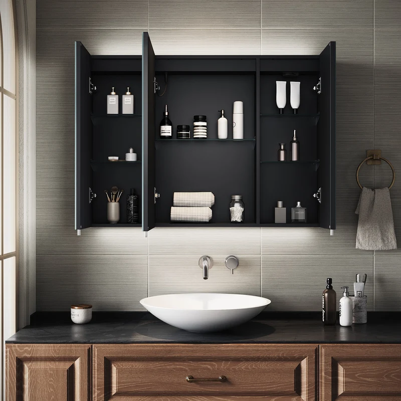 SIRHONA Armoire de Toilette Miroir, Armoire Murale avec Éclairage LED et Prises de Courant, 90 x 65 x 13cm