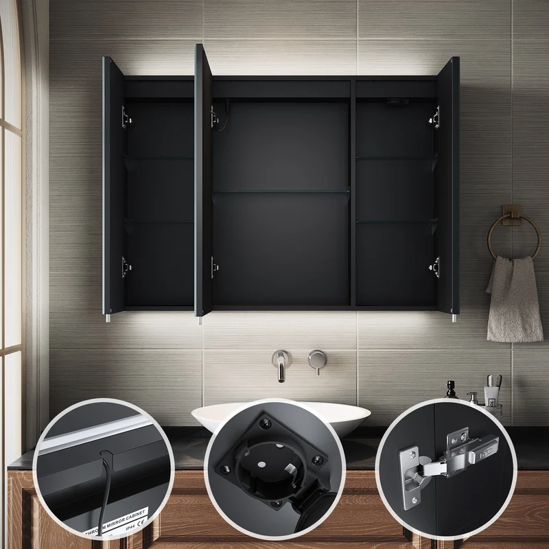 SIRHONA Armoire de Toilette Miroir, Armoire Murale avec Éclairage LED et Prises de Courant, 90 x 65 x 13cm