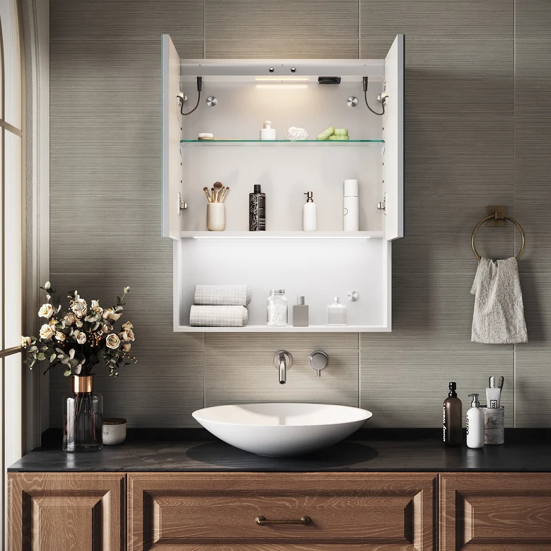 SIRHONA Armoire de Toilette Miroir, Armoire Murale avec Éclairage LED et Prises de Courant, Interrupteurs à Commande Tactile, Dimmable 60 x 75 x 13cm