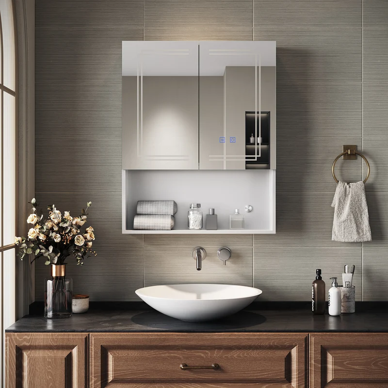 SIRHONA Armoire de Toilette Miroir, Armoire Murale avec Éclairage LED et Prises de Courant, Interrupteurs à Commande Tactile, Dimmable 60 x 75 x 13cm