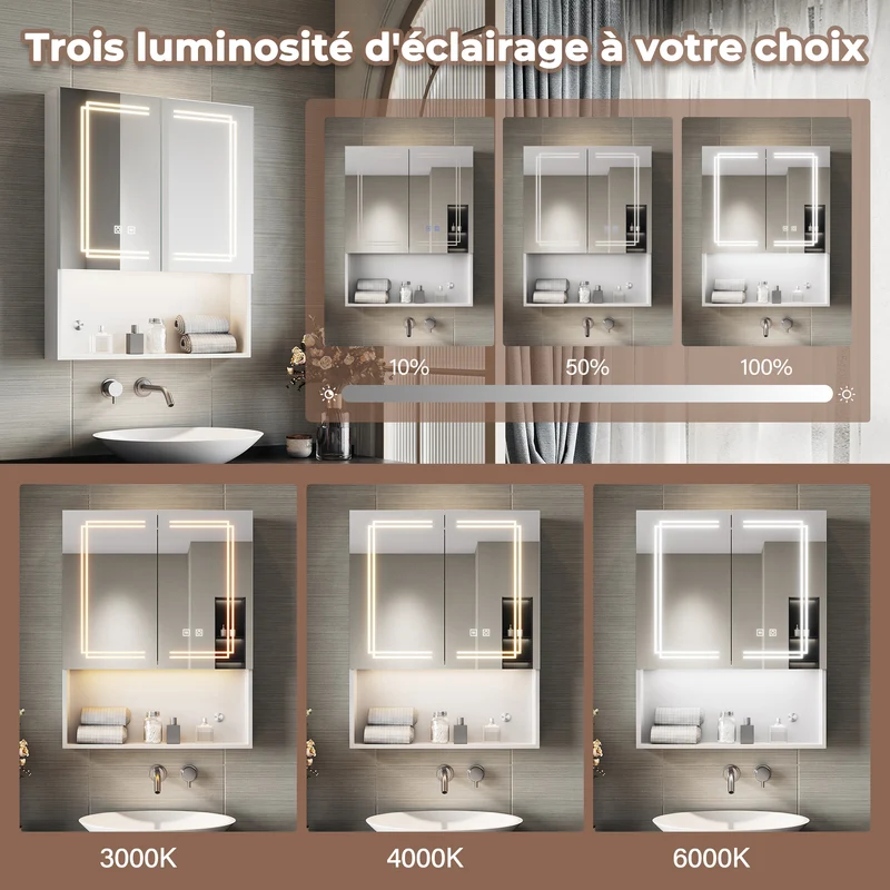 SIRHONA Armoire de Toilette Miroir, Armoire Murale avec Éclairage LED et Prises de Courant, Interrupteurs à Commande Tactile, Dimmable 60 x 75 x 13cm