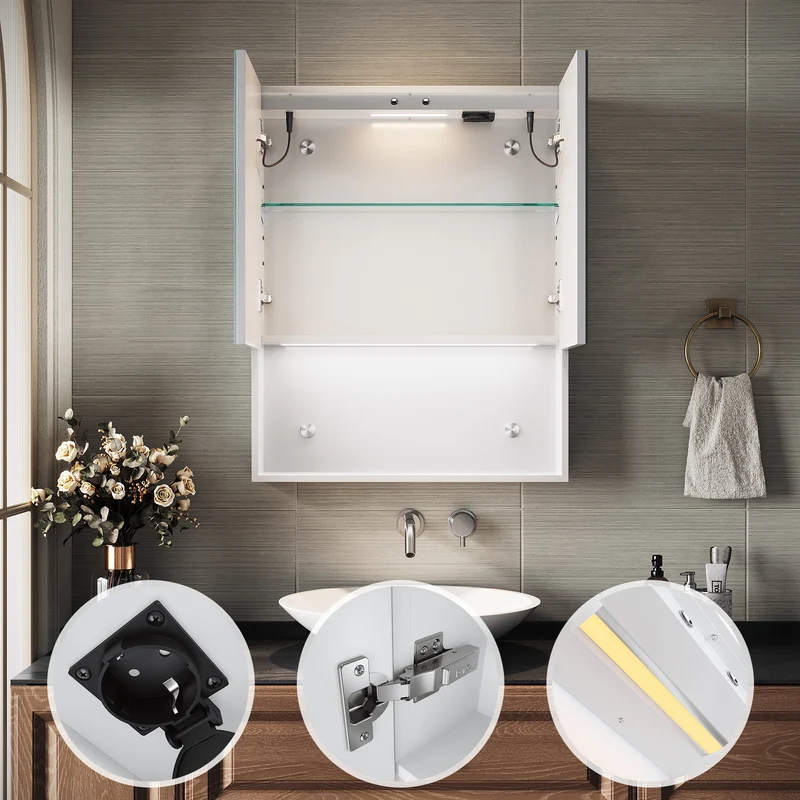 SIRHONA Armoire de Toilette Miroir, Armoire Murale avec Éclairage LED et Prises de Courant, Interrupteurs à Commande Tactile, Dimmable 60 x 75 x 13cm