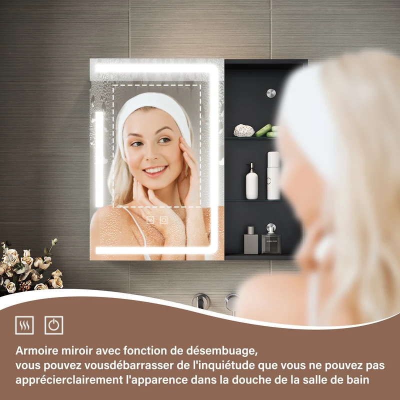 SIRHONA Armoire de Toilette Miroir, Armoire Murale avec Éclairage LED et Prises de Courant, 65 x 60 x 13cm