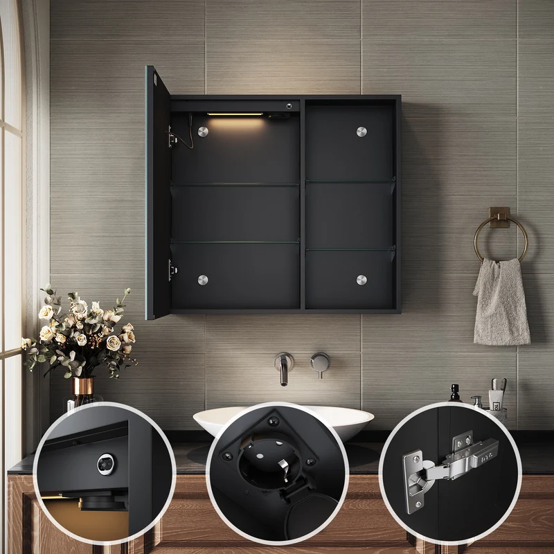 SIRHONA Armoire de Toilette Miroir, Armoire Murale avec Éclairage LED et Prises de Courant, 65 x 60 x 13cm