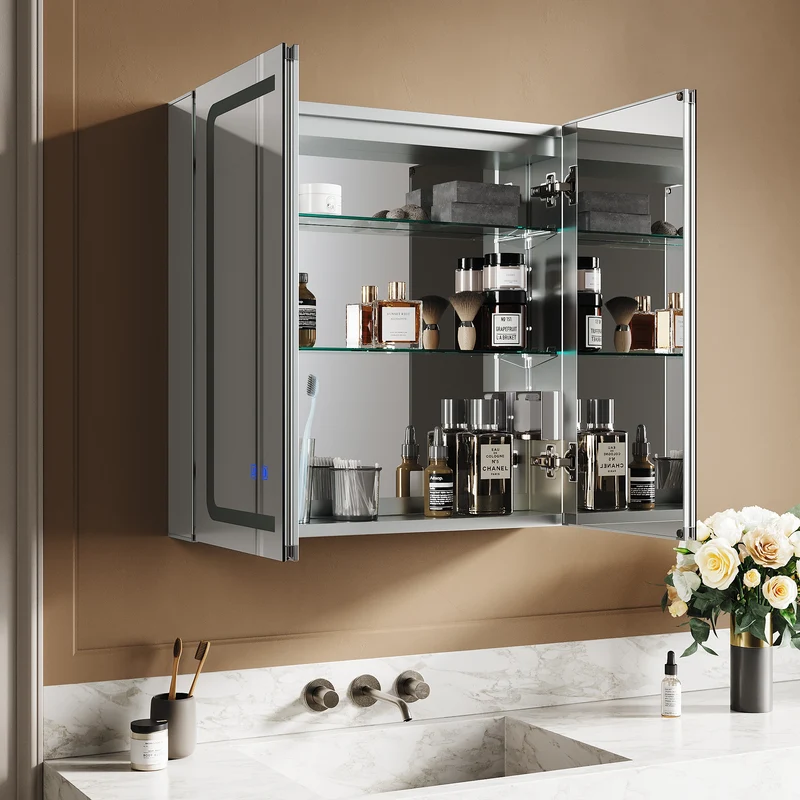 SIRHONA armoire de toilette aluminium LED avec éclairage avec prise tactile anti-buée armoire de toilette miroir de salle de bain 65x65x13.3cm