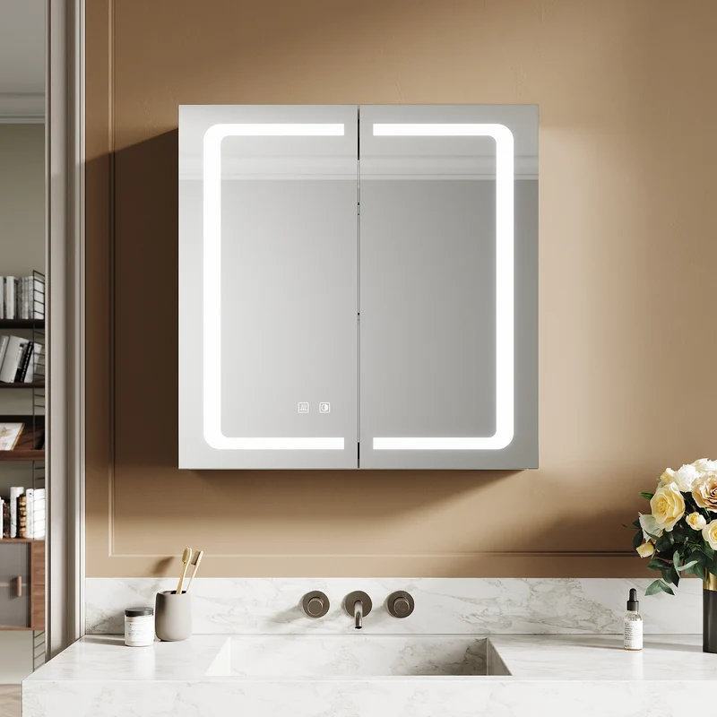 SIRHONA armoire de toilette aluminium LED avec éclairage avec prise tactile anti-buée armoire de toilette miroir de salle de bain 65x65x13.3cm