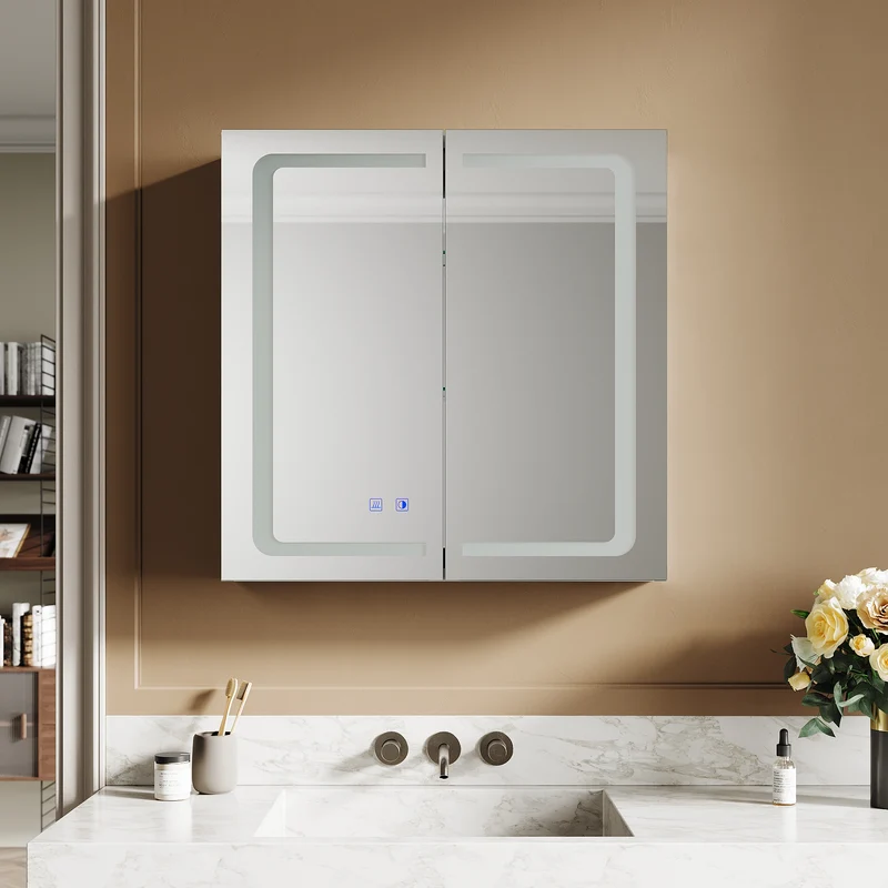SIRHONA armoire de toilette aluminium LED avec éclairage avec prise tactile anti-buée armoire de toilette miroir de salle de bain 65x65x13.3cm