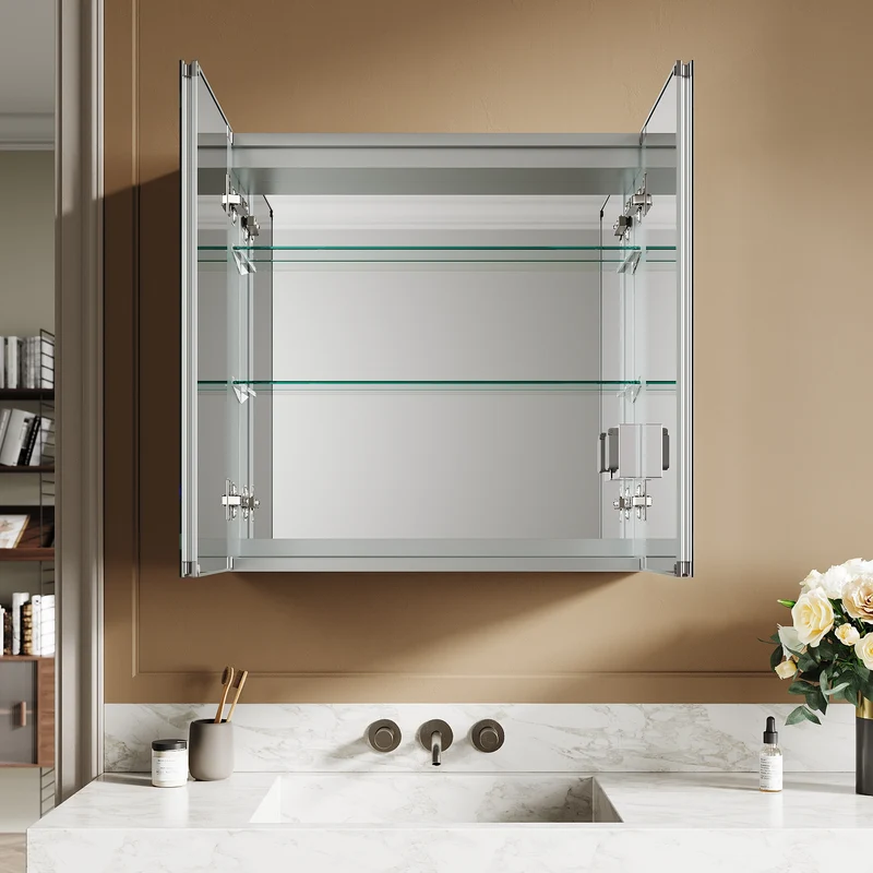 SIRHONA armoire de toilette aluminium LED avec éclairage avec prise tactile anti-buée armoire de toilette miroir de salle de bain 65x65x13.3cm
