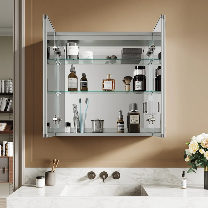 SIRHONA armoire de toilette aluminium LED avec éclairage avec prise tactile anti-buée armoire de toilette miroir de salle de bain 65x65x13.3cm