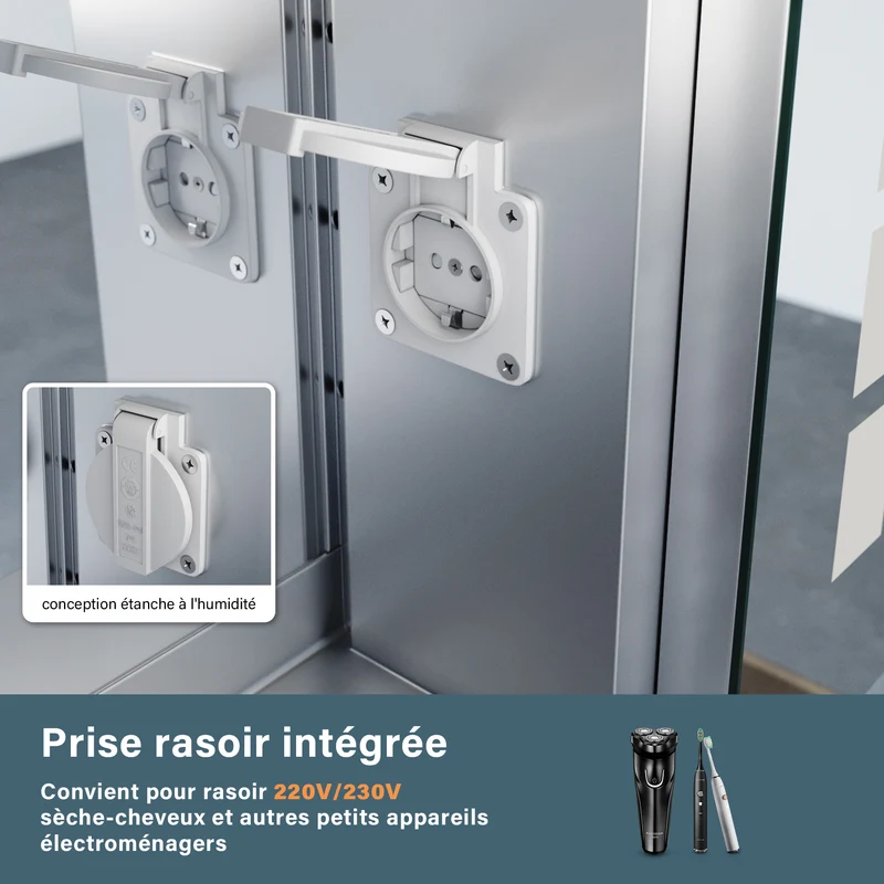 SIRHONA armoire de toilette aluminium LED avec éclairage avec prise tactile anti-buée armoire de toilette miroir de salle de bain 65x65x13.3cm