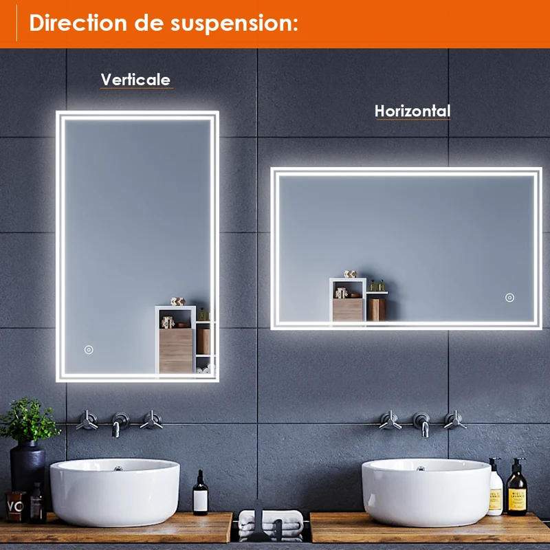 SIRHONA Miroir led 50x70 CM Miroir de salle de bains avec éclairage LED Miroir Cosmétiques Mural Lumière Illumination avec Prise Rasoir Bouton de commutation
