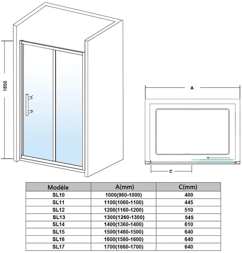 SIRHONA Porte de Douche Coulissante, 100-170cm x 185cm, 5mm verre trempé, installation En Niche