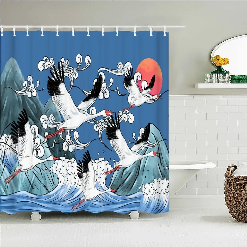 Rideau de douche grues et vagues japonaises