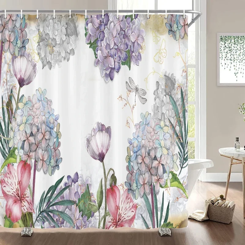 Rideau de douche fleurs et hortensias