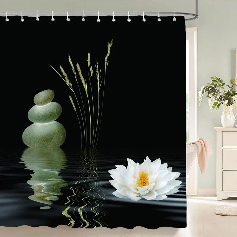 Rideau de douche galets noirs et lotus