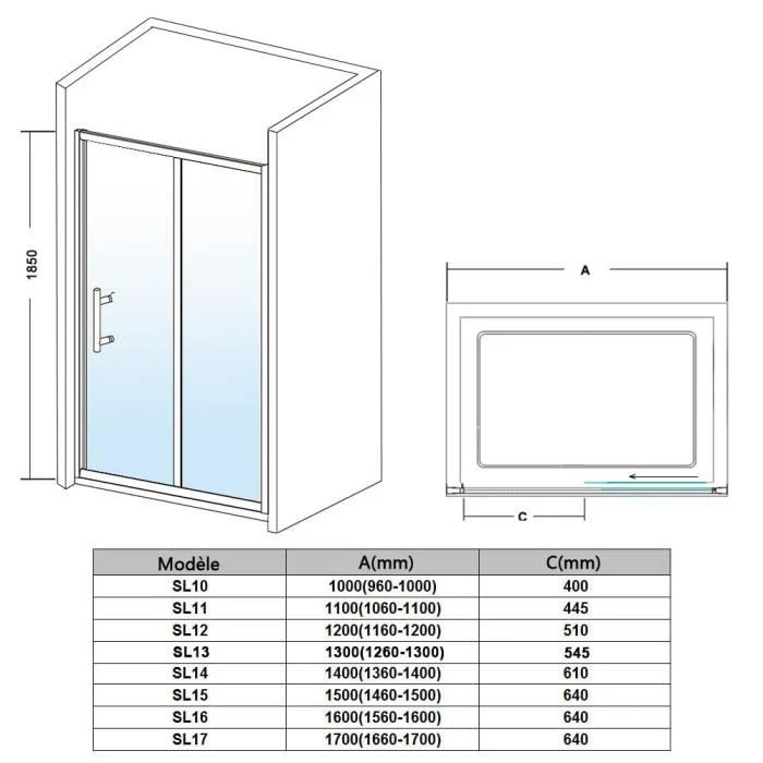 SIRHONA Portes de douche coulissantes Largeur 100-170cm, 76-90 cm avec porte latérale, 5 mm verre trempé