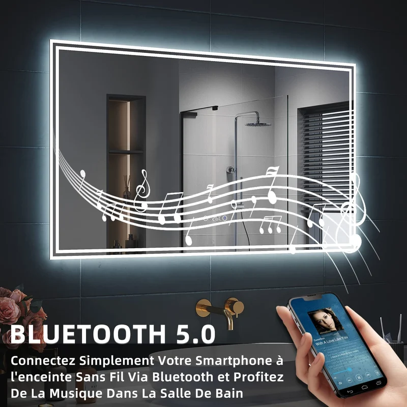 SIRHONA Miroir LED Salle de Bain Bluetooth 120x70cm Miroir de Bain avec Eclairage Intégré, Anti-buée, Affichage