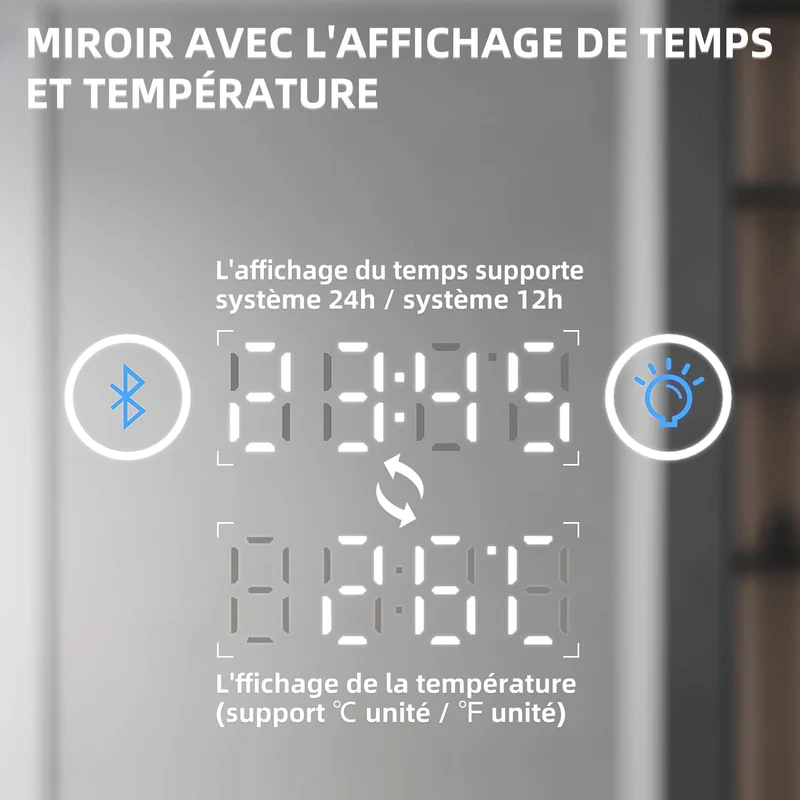 SIRHONA Miroir LED Salle de Bain Bluetooth 120x70cm Miroir de Bain avec Eclairage Intégré, Anti-buée, Affichage