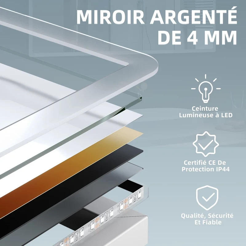 SIRHONA Miroir LED Salle de Bain Bluetooth 120x70cm Miroir de Bain avec Eclairage Intégré, Anti-buée, Affichage