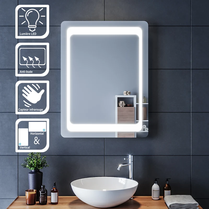 SIRHONA Miroir LED Salle de Bains avec éclairage LED Miroir Muraux AVCE Anti-buée Fonction Cosmétiques Mural Lumière Illumination