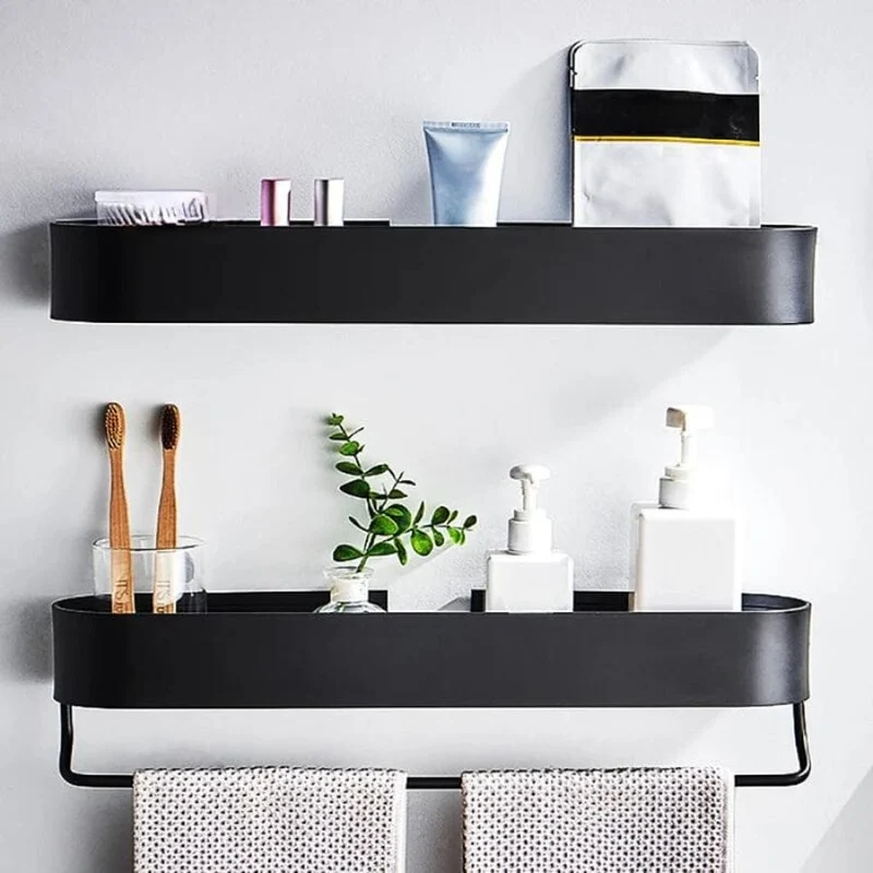 Étagère de douche noire arrondie avec porte serviettes