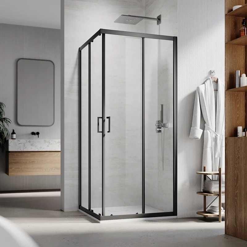 Cabine de douche d'angle, paroi de douche en verre trempé de sécurité de 5 mm, hauteur 195cm, noir