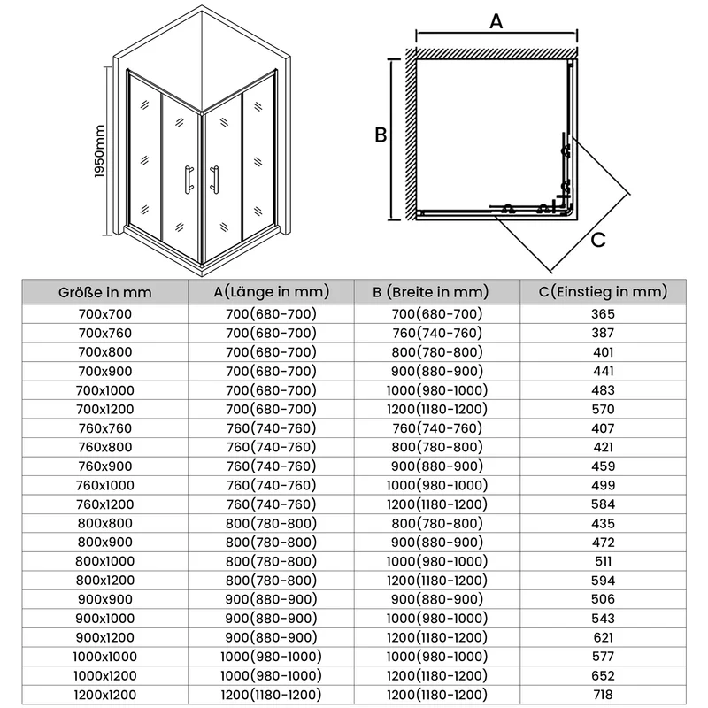 Cabine de douche, à entrée d'angle avec cadre en aluminium et verre trempé de sécurité de 6 mm