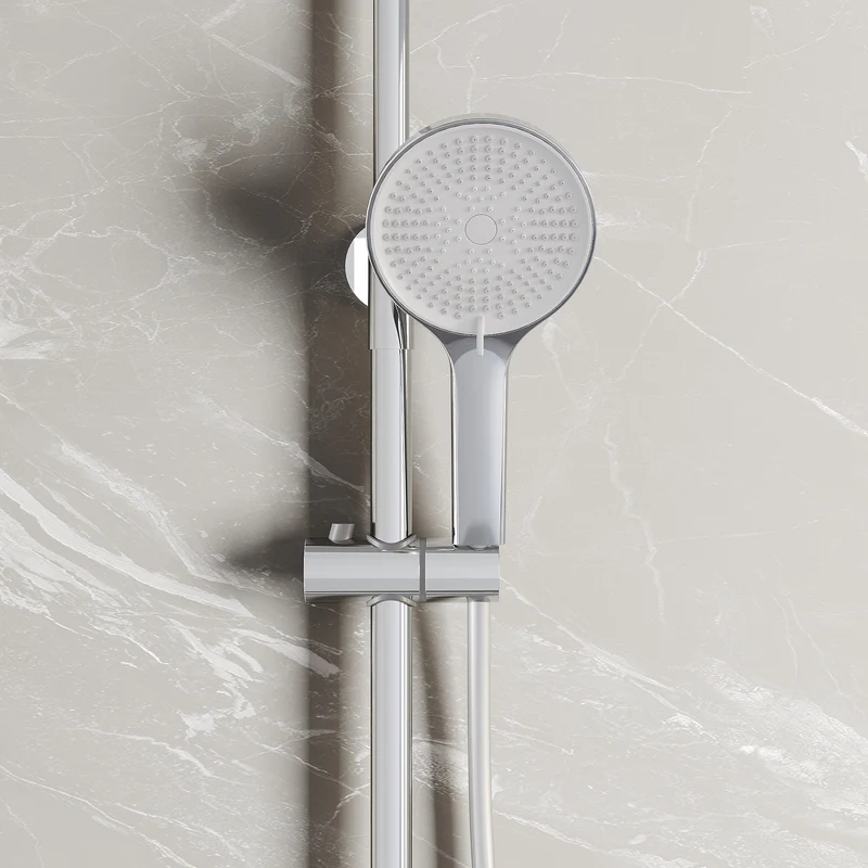 Colonne de Douche avec Thermostat à Verrouillage de Sécurité, 3 Modes et Double Tête à Bouton, Acier Inoxydable Chromé