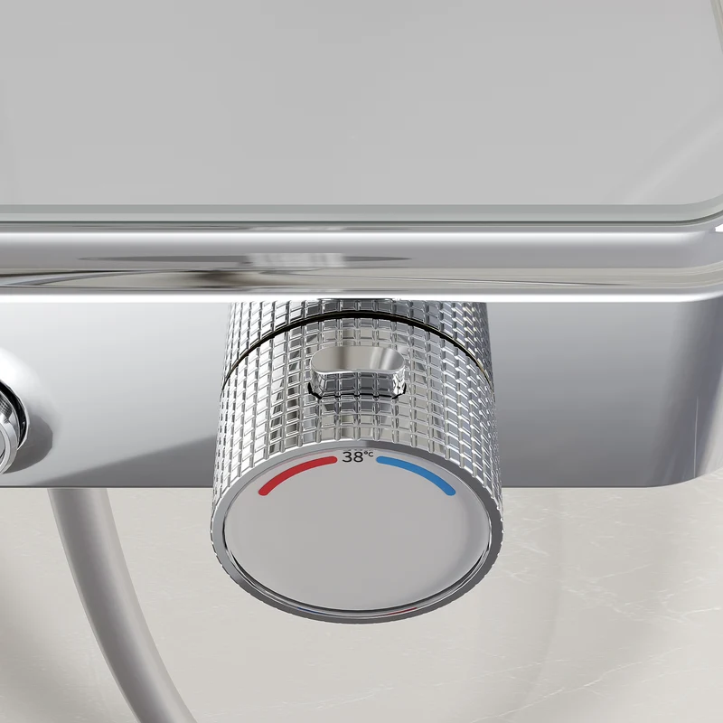 Colonne de Douche avec Thermostat à Verrouillage de Sécurité, 3 Modes et Double Tête à Bouton, Acier Inoxydable Chromé