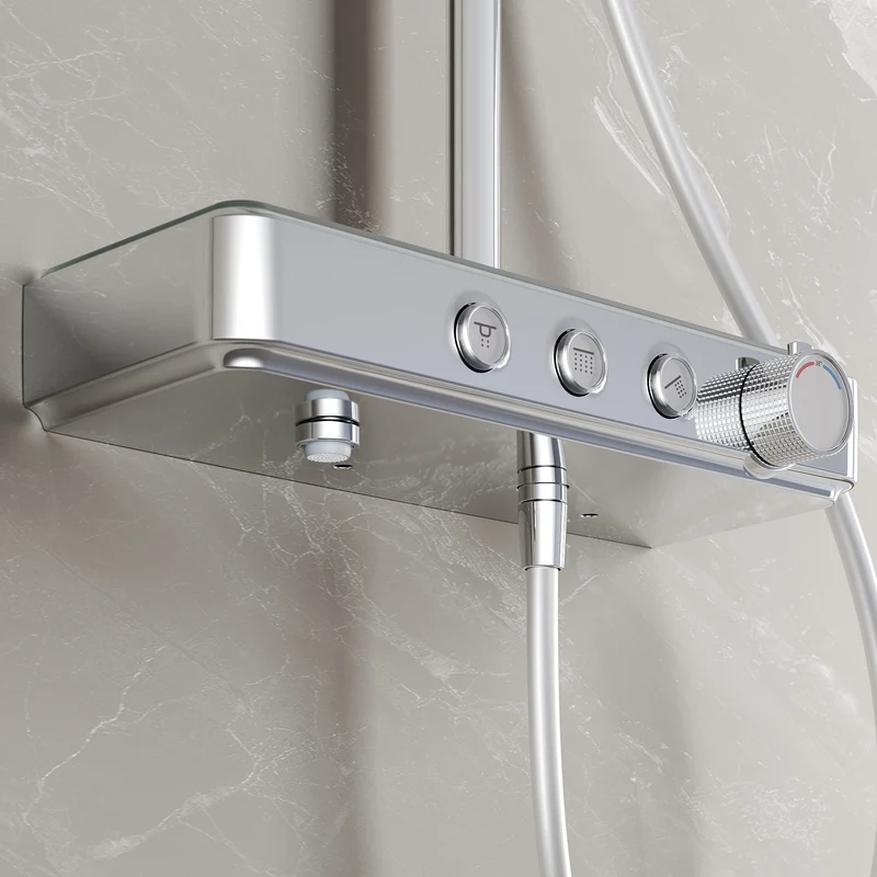 Colonne de Douche avec Thermostat à Verrouillage de Sécurité, 3 Modes et Double Tête à Bouton, Acier Inoxydable Chromé