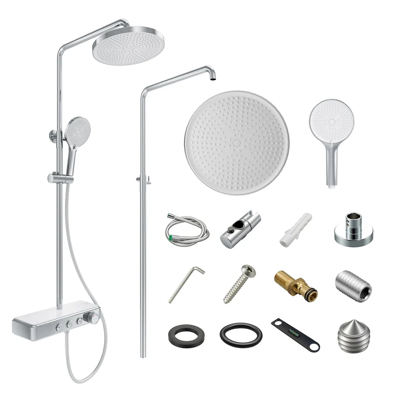 Colonne de Douche avec Thermostat à Verrouillage de Sécurité, 3 Modes et Double Tête à Bouton, Acier Inoxydable Chromé