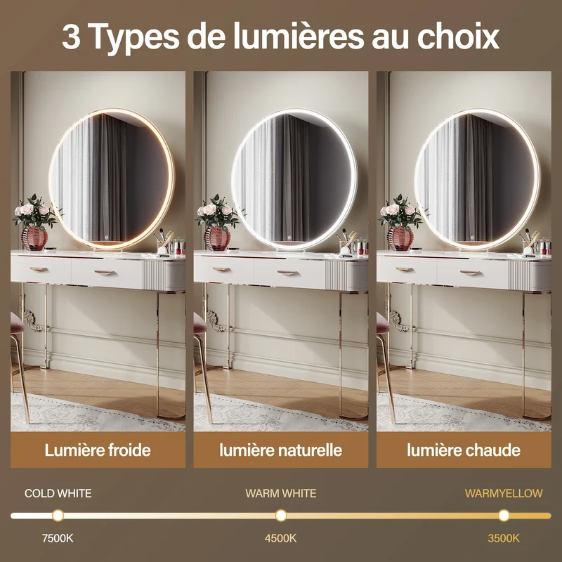 SIRHONA Miroir de maquillage LED, mural ou de table, 800 x 800 x 30mm
