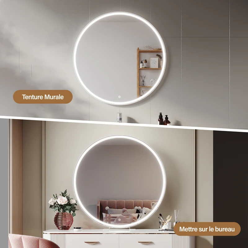 SIRHONA Miroir de maquillage LED, mural ou de table, 800 x 800 x 30mm