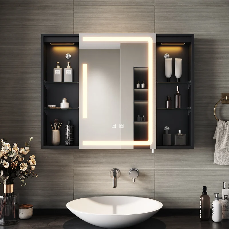 SIRHONA Armoire de Toilette Miroir, Armoire Murale avec Éclairage LED et Prises de Courant, Interrupteurs à Commande Tactile, 80 x 60 x 13cm