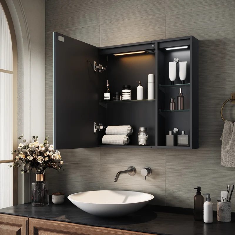 SIRHONA Armoire de Toilette Miroir, Armoire Murale avec Éclairage LED et Prises de Courant, Interrupteurs à Commande Tactile, 80 x 60 x 13cm