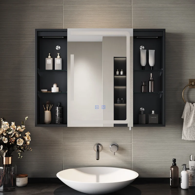 SIRHONA Armoire de Toilette Miroir, Armoire Murale avec Éclairage LED et Prises de Courant, Interrupteurs à Commande Tactile, 80 x 60 x 13cm