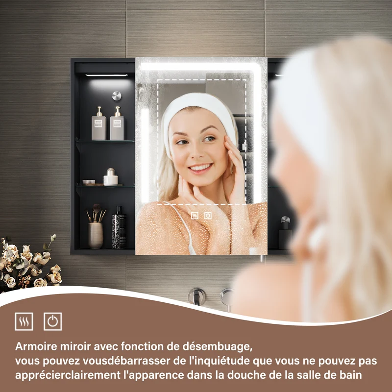 SIRHONA Armoire de Toilette Miroir, Armoire Murale avec Éclairage LED et Prises de Courant, Interrupteurs à Commande Tactile, 80 x 60 x 13cm
