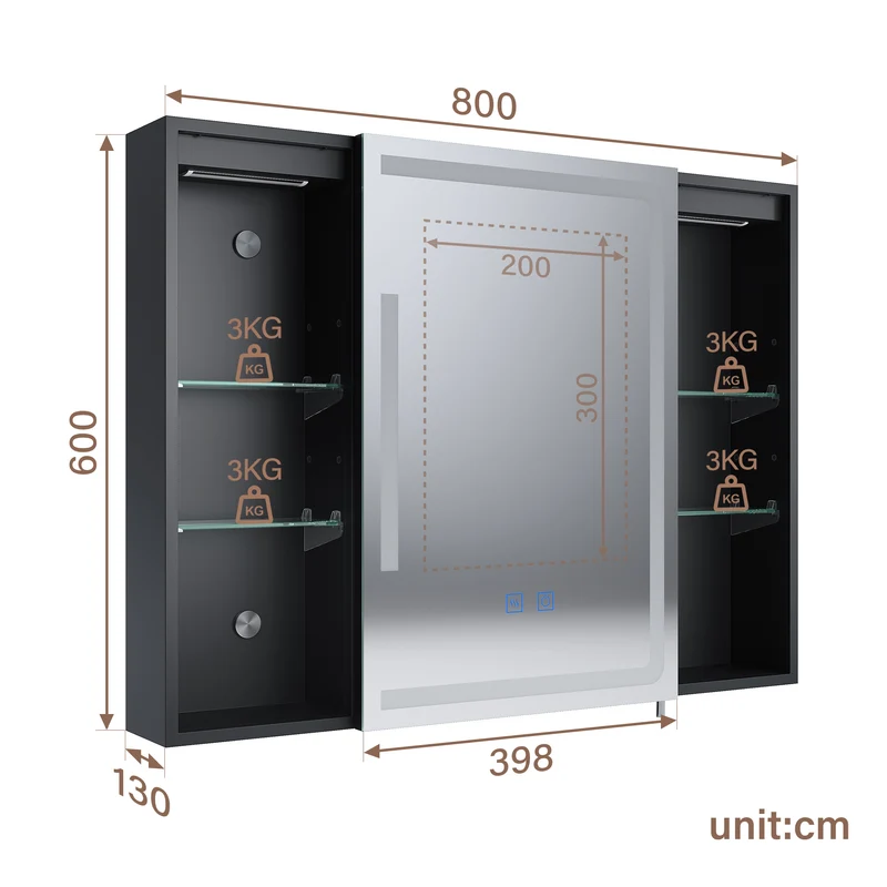 SIRHONA Armoire de Toilette Miroir, Armoire Murale avec Éclairage LED et Prises de Courant, Interrupteurs à Commande Tactile, 80 x 60 x 13cm