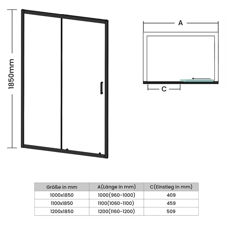 Portes de douche Porte coulissante avec cadre en aluminium, taille 100/110/120cm hauter 185cm noir
