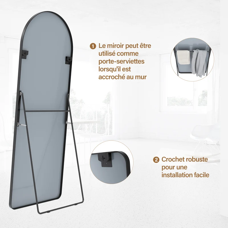 SIRHONA Miroir sur Pied, Noir voûté avec Support 1600x600x30mm
