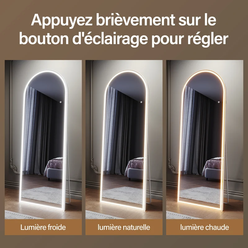SIRHONA Miroir LED sur pied avec éclairage tricolore réglable 1600x600x35mm