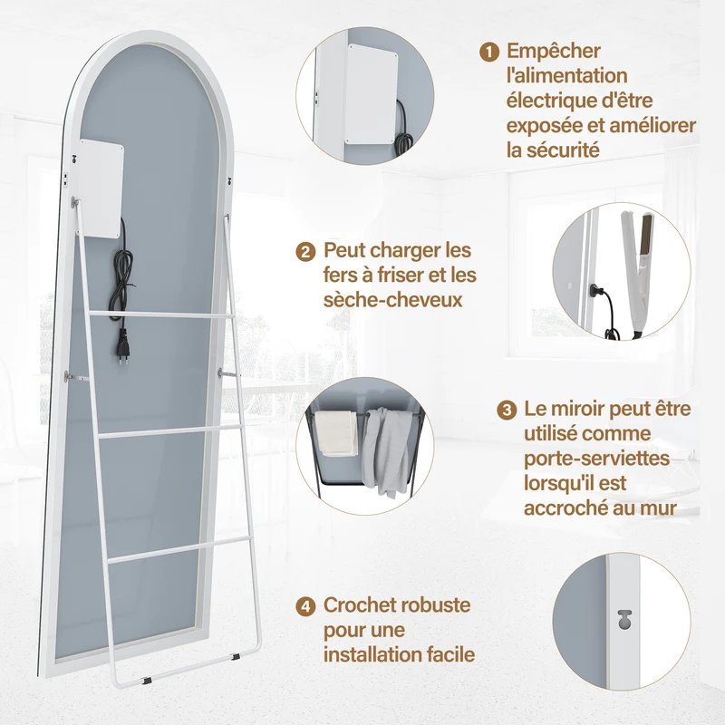 SIRHONA Miroir LED sur pied avec éclairage tricolore réglable 1600x600x35mm