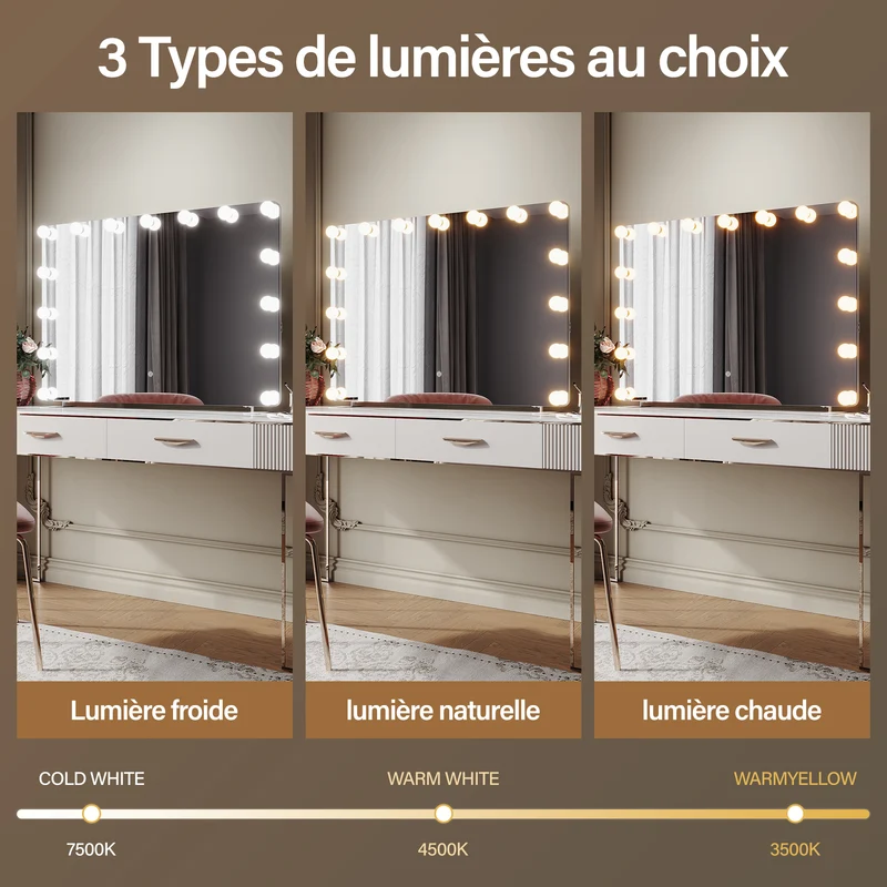 SIRHONA Miroir de maquillage LED, mural ou de table, 1000 x 700 x 35mm