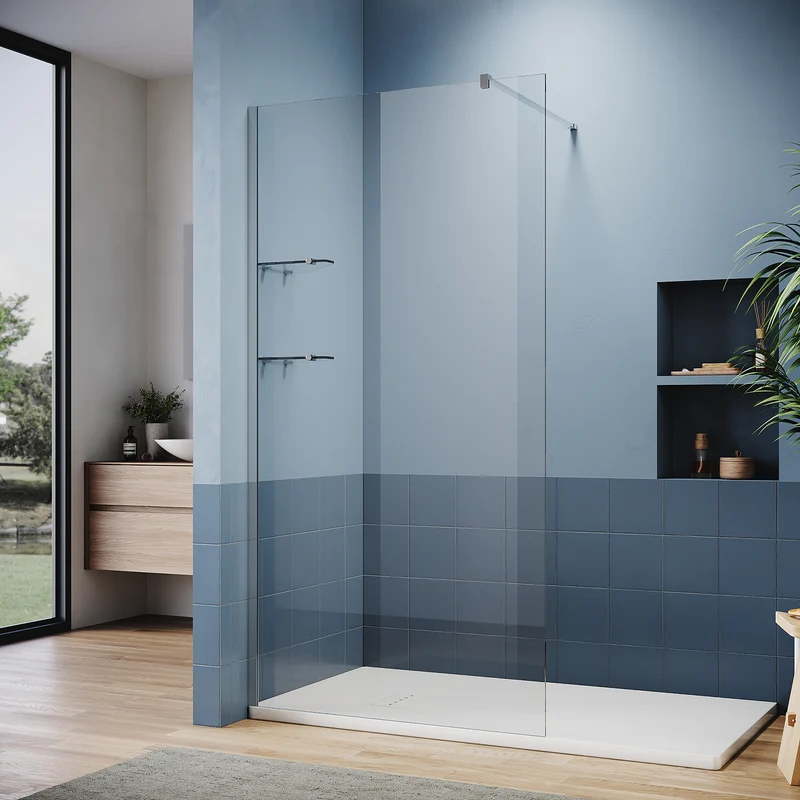Paroi de douche italienne avec triangulaires étagères en verre de 8 mm taille 70-120cm hauter 200cm