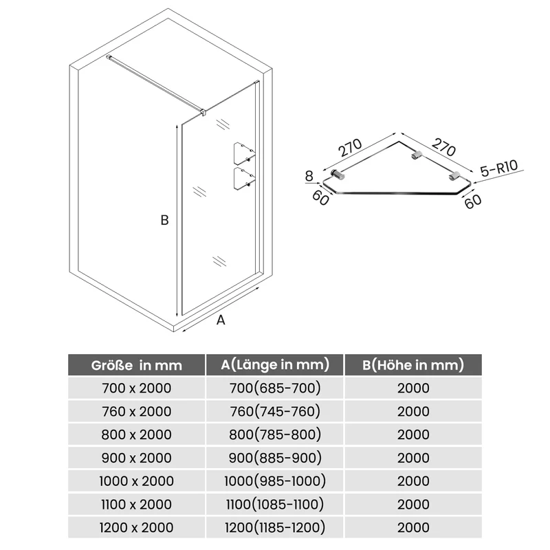 Paroi de douche italienne avec triangulaires étagères en verre de 8 mm taille 70-120cm hauter 200cm